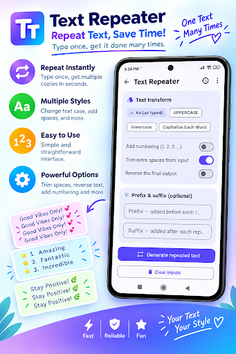 Text Repeater App - Transform text case, add numbering, and customize prefix and suffix