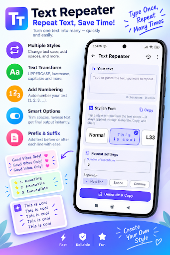Text Repeater Android App Screen showing repetition settings and stylish fonts