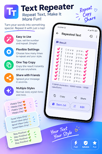 Text Repeater App - View generated result with 10,000 repetitions and one-tap copy