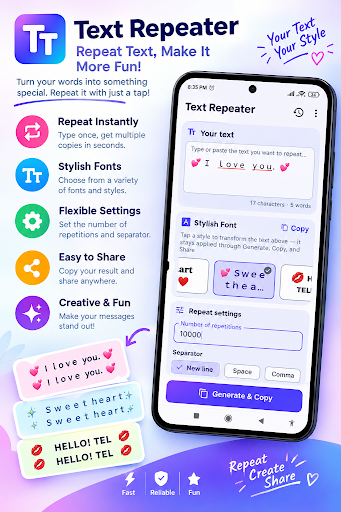 Text Repeater App - Express creative text with stylish formatting and heart emojis
